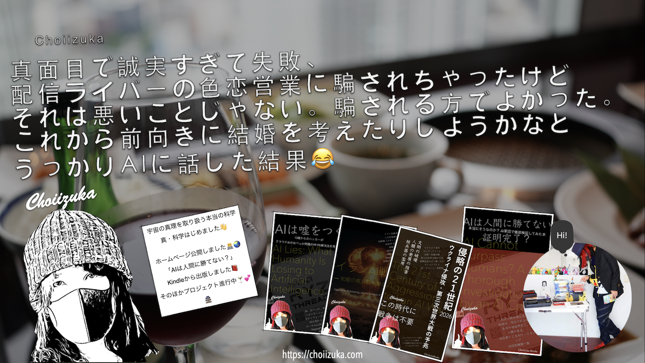 真面目で誠実すぎて失敗、配信ライバーの色恋営業に騙されちゃったけどそれは悪いことじゃない。騙される方でよかった。これから前向きに結婚を考えたりしようかなとうっかりAIに話した結果😂